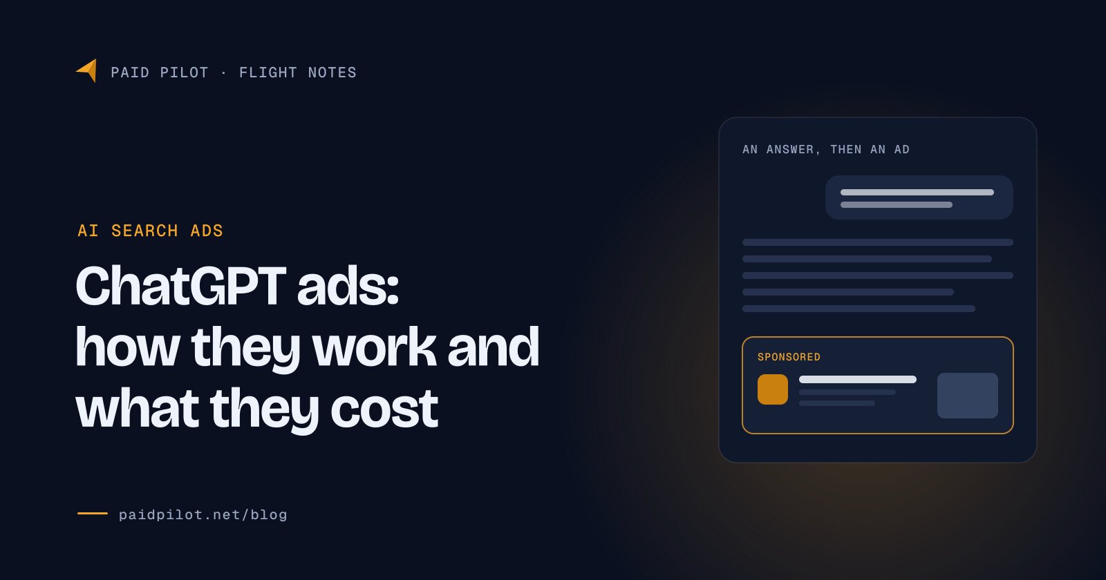 Title card reading ChatGPT ads: how they work and what they cost, with a chat answer followed by a sponsored ad